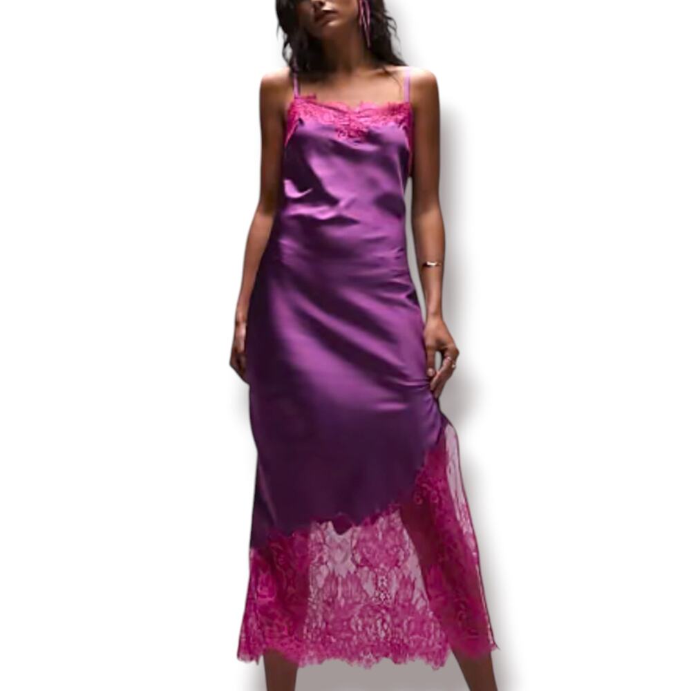 Topshop Purple Satin Lace Slip Dress Maxi Y2K Lingerie Style Dress 8 Feminine